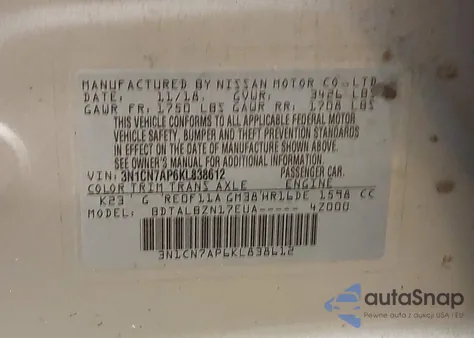 2019 Nissan Versa 1.6 Sv z USA, uszkodzony, nr VIN 3N1CN7AP6KL838612
